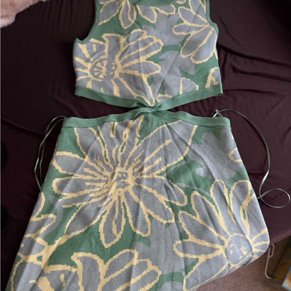 Floral Knit Two-Piece Set in Green and Yellow
